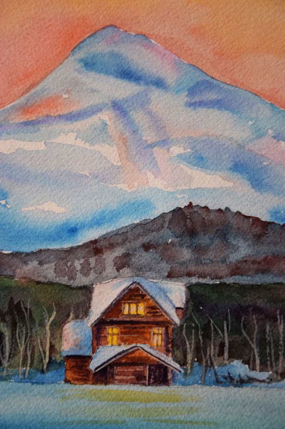 Winter watercolor painting Sunset snowy cabin house