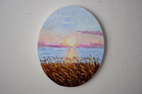 Landscape oval oil painting, sunset seascape wall art, calming decor