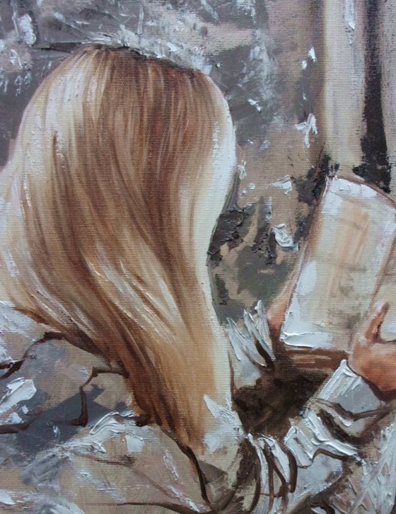 " STORY ...  " book lover original painting window WINTER palette knife GIFT brown