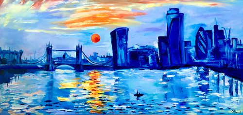London city, sunrise, Impressionism. London variations of blue colours: ultramarine, navy blue, turquoise, sky blue, cobalt, palette knife original artwork. by Olga Koval