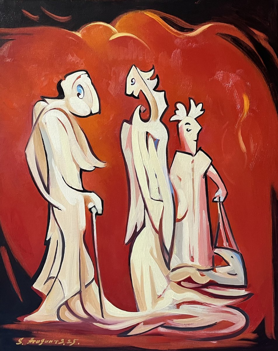 Abstract Portrait Oil Painting By Samvel Atasunc, 12 X 16", Guardians Of The Flame, Original Artwork