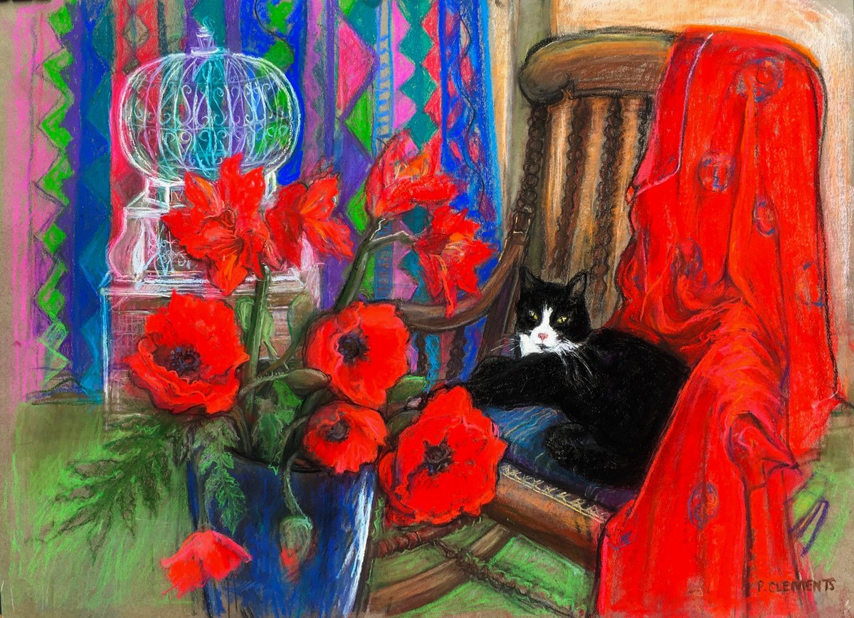 Impressionistic Pastel Drawing , Black Cat With Poppies By Patricia Clements, 38 X 28, Artwork For Sale On Artfinder