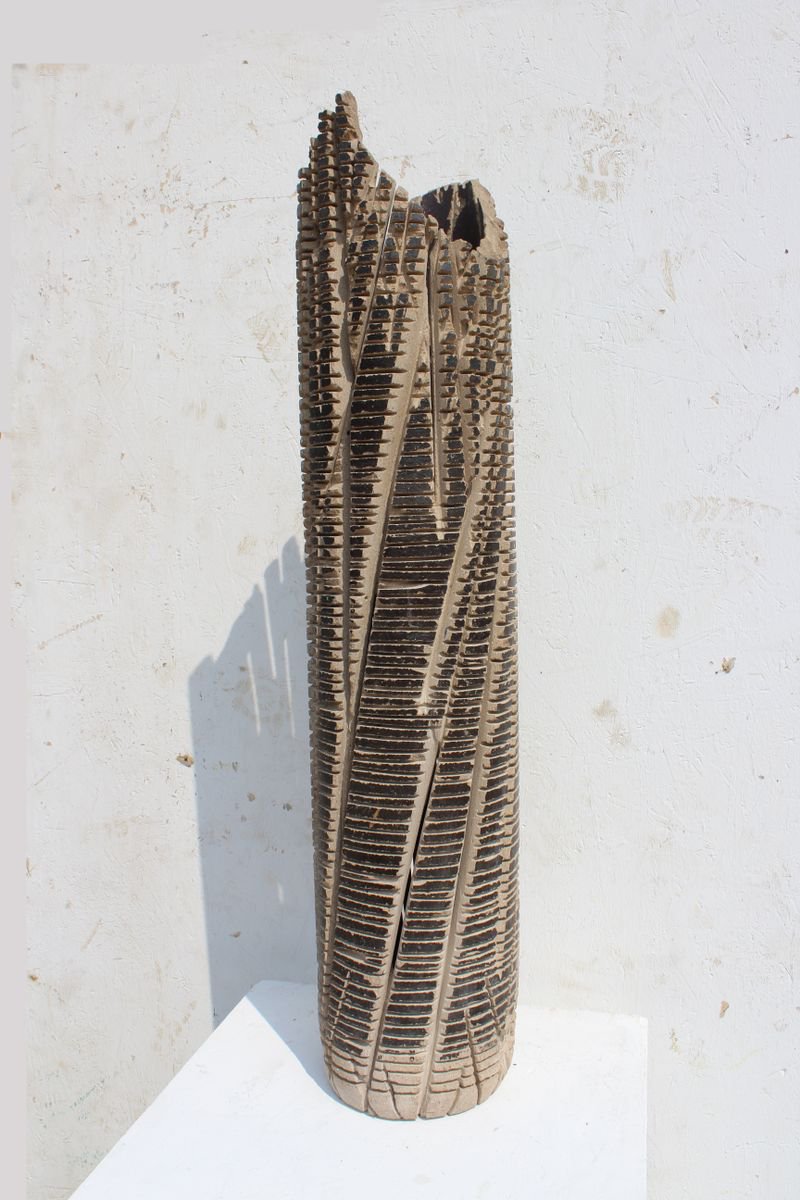 Geometric Abstract Clay Sculpture By Ognyan Hristov, 7 X 35", "Antique", Original Artwork