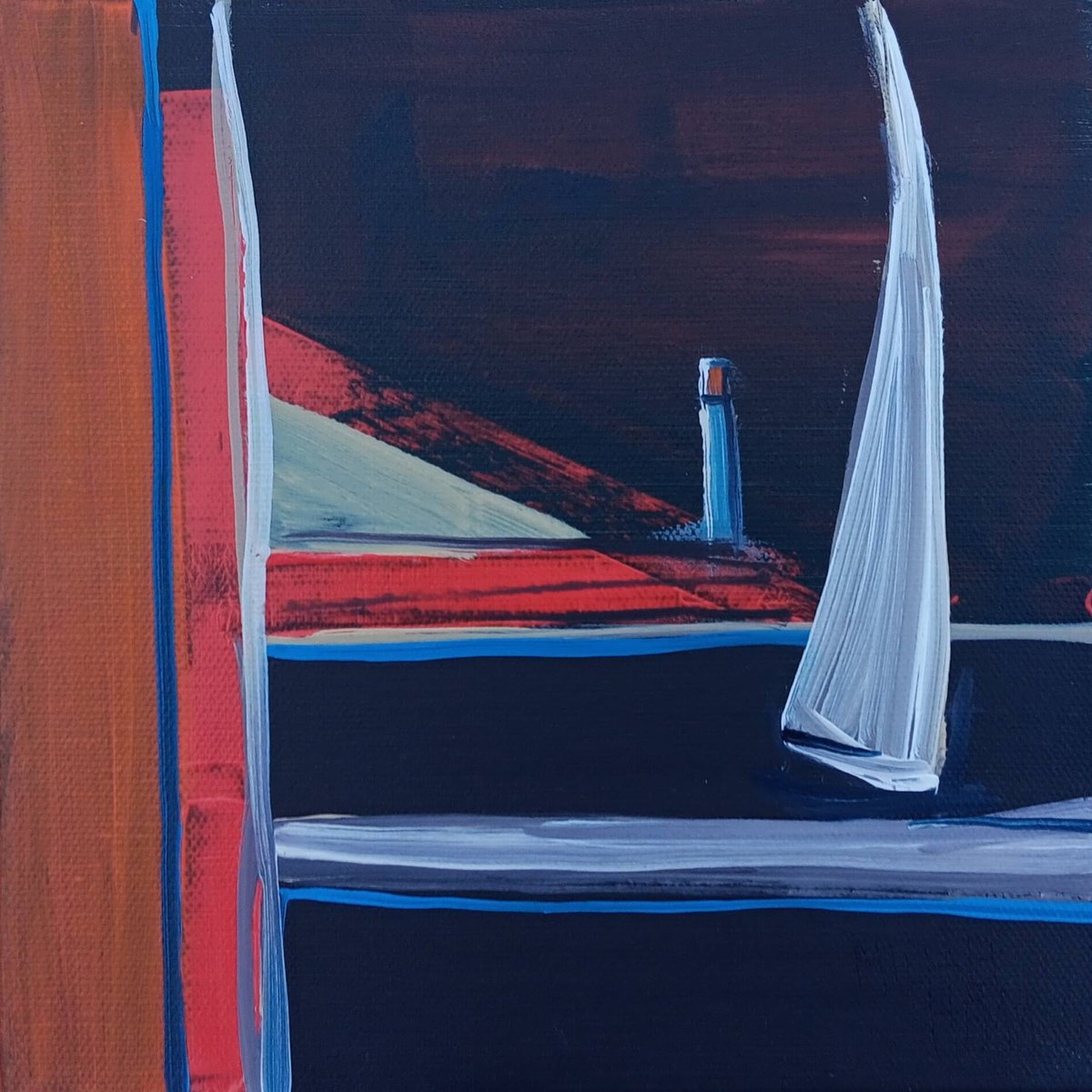 Abstract Landscape Oil Painting By Michael Hemming, 8 X 8", Lighthouse Yacht, Original Artwork