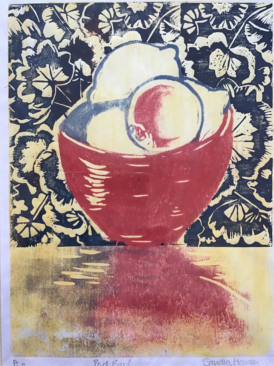 Organic Still Life Linocut By Sandra Haney, 13 X 17", Red Bowl, Original Artwork