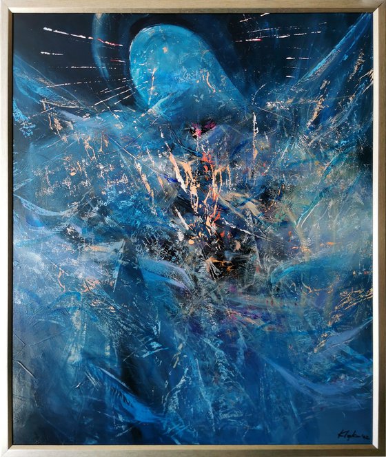 Large framed masterpiece dark blue angel series painting by KLOSKA