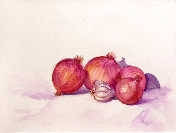 Still life with onions watercolor alla-prima painting  26