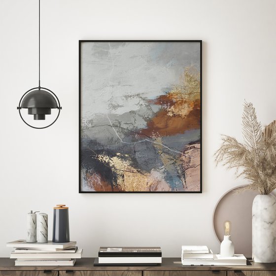 "Orange Flight 3" Abstract gray brown gold