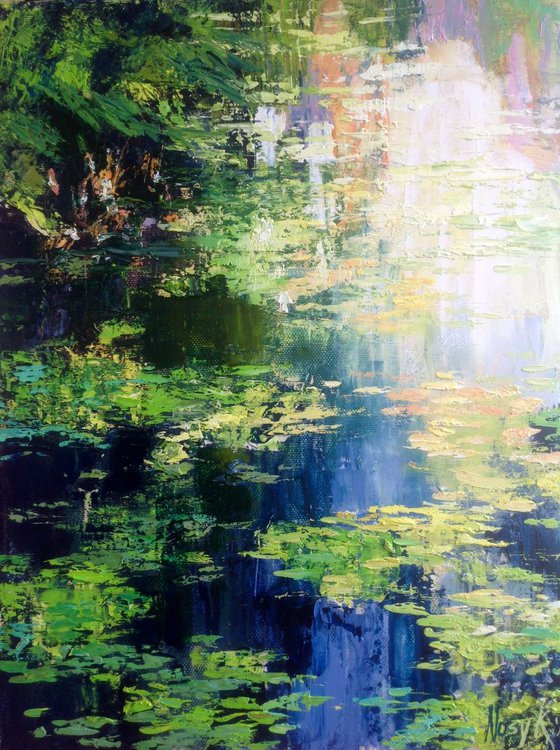 River water. Waterlilies abstract painting