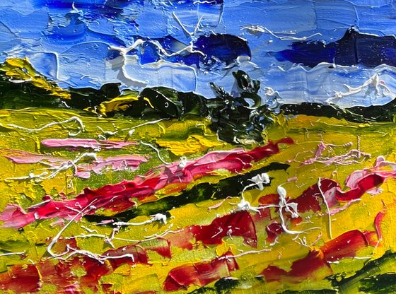 Ukraine Painting Poppy Field Original Art Landscape Oil Impasto Artwork Small Textured Wall Art 8 by 6 inches