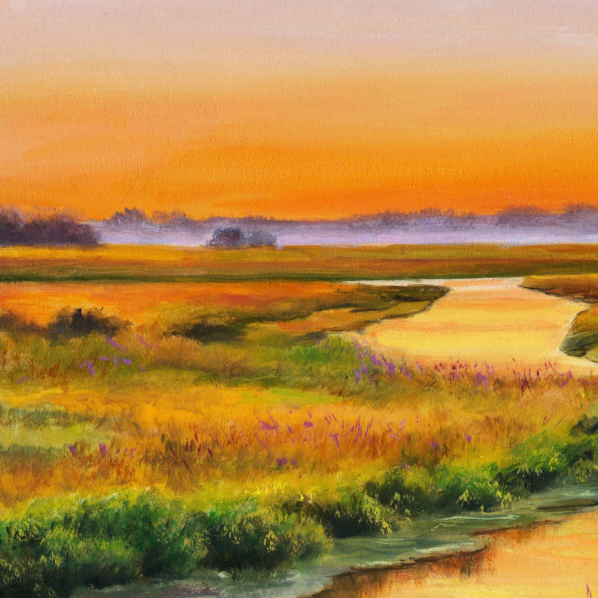 Impressionistic Landscape Oil Painting By Lucia Verdejo, 11 X 9", Golden Hour In The Marsh, Original Artwork