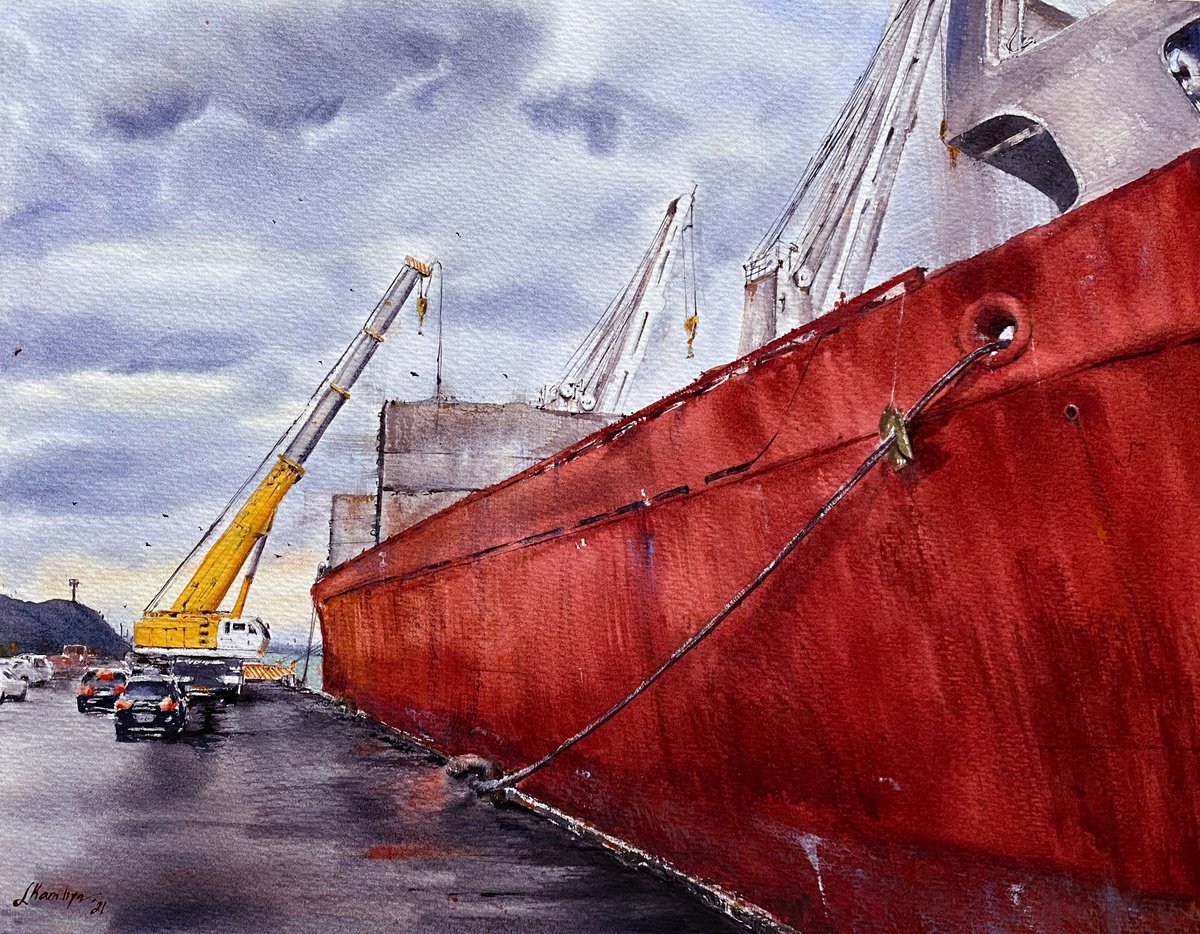 Impressionistic Watercolour , A Giant In The Port By Leyla Kamliya, 16 X 12, Artwork For Sale On Artfinder
