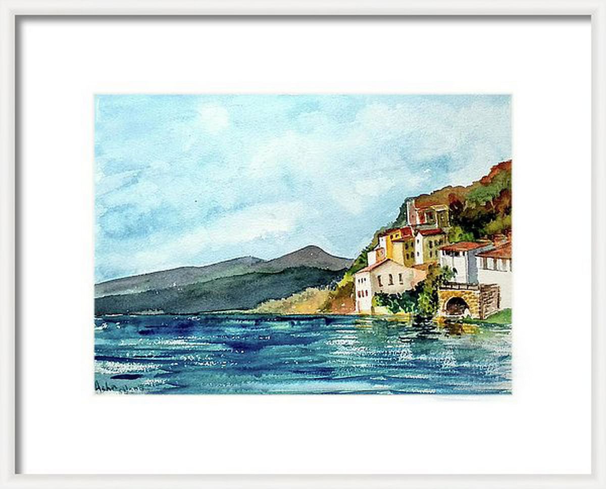 Illustrative Cityscapes Watercolour By Asha Shenoy, 14 X 10, By The River Ebro, Original Artwork