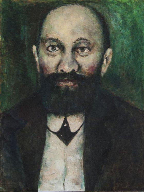 Portrait on a green background.