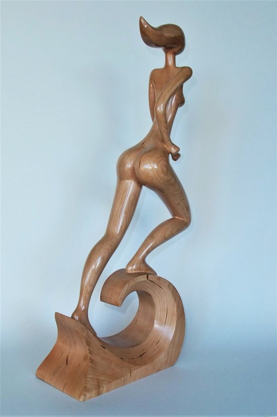 Nude Woman Wood Sculpture RUNNING on WAVES