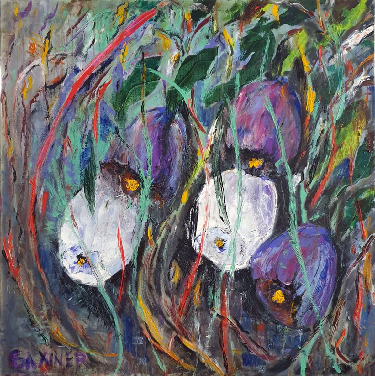 Impressionistic Botanical Oil Painting By Leo Baxiner, 28 X 28", Fragment Of Love, Original Artwork