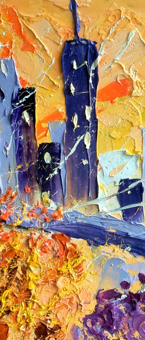 NYC Fall Painting Cityscape Original Art New York Small Oil Artwork Autumn Impasto Pallete Knife Wall Art 8 by 8" by Halyna Kirichenko by Halyna Kirichenko
