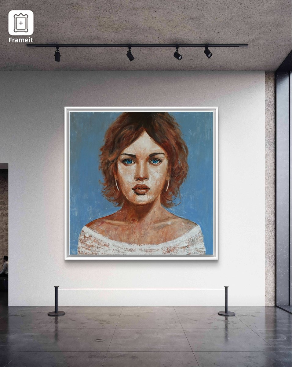 Expressive Portrait Acrylic Painting By Els Driesen, 39 X 39, Blue Eyes, Original Artwork