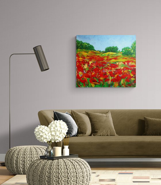 Poppies field... Flowering wildflowers... /  ORIGINAL ACRYLIC PAINTING