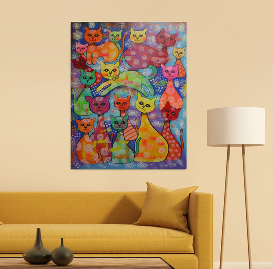 The Happy Cat Family! Large Painting on Canvas ! Cat Lovers Gift !!