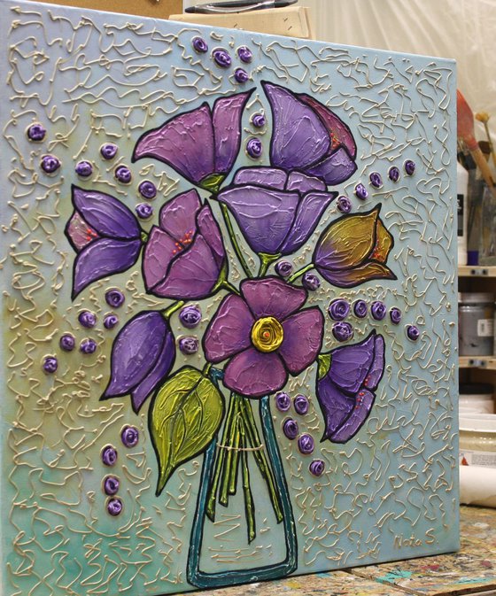 Purple Tulips Painting, Bouquet of Flowers, Modern Textured Floral Art