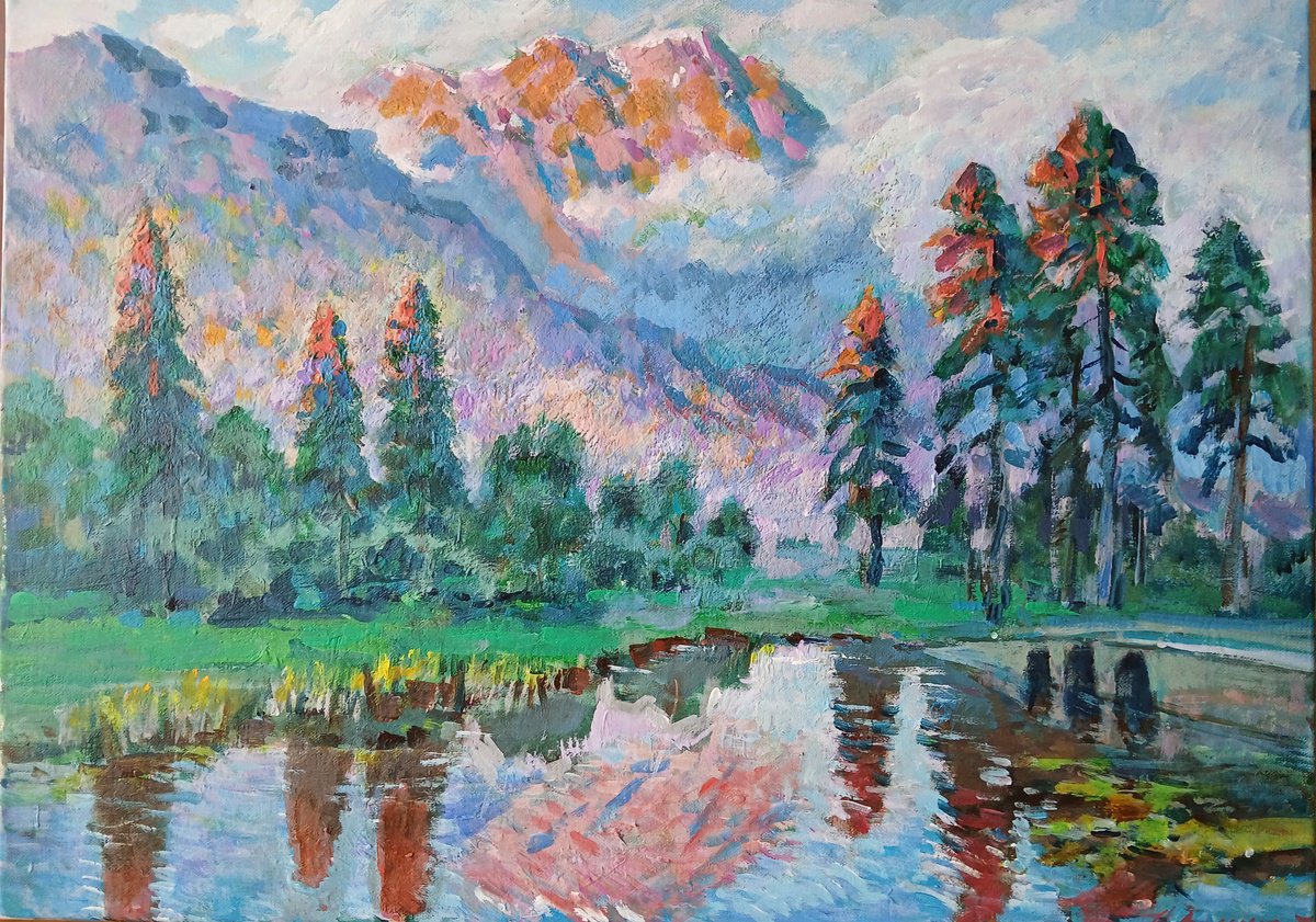 Impressionistic Landscape Acrylic Painting By Oleksandr Bielskyi, 28 X 20", Evening In Alps, Original Artwork