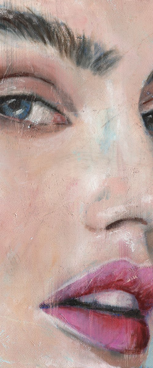 pink lips woman female portrait blue background oil on paper by Renske Karlien Hercules
