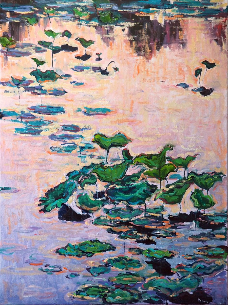 Impressionistic Landscape Oil Painting By Yuanyuan Liu, 24 X 31", Lotus Leaves, Original Artwork