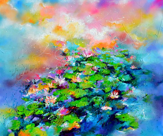 Water Lilies on the Pond - 120x100 cm, Palette Knife Modern Ready to Hang Floral Painting