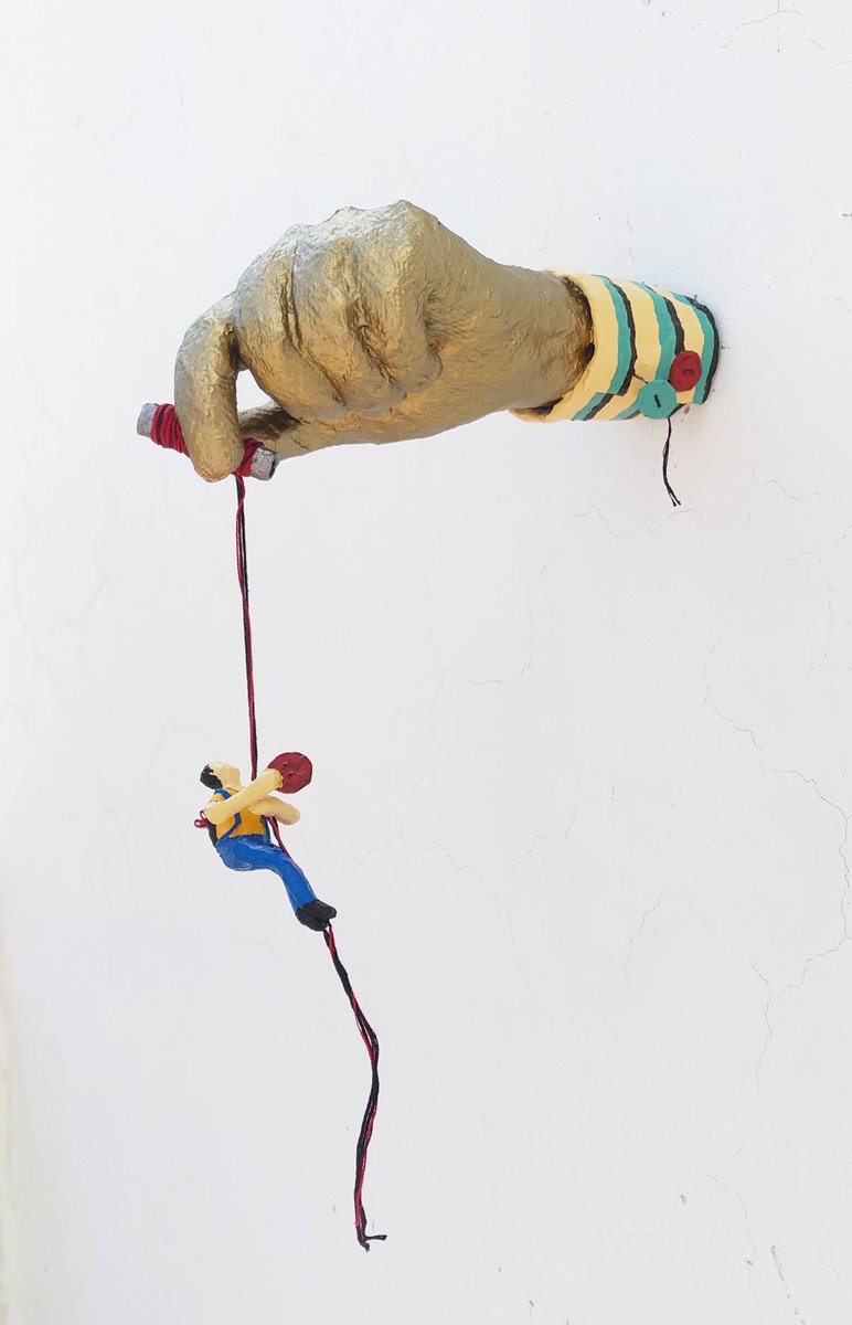 Surrealistic Abstract Sculpture By Shweta Mahajan, 4 X 13", Hand Holding Boy, Original Artwork