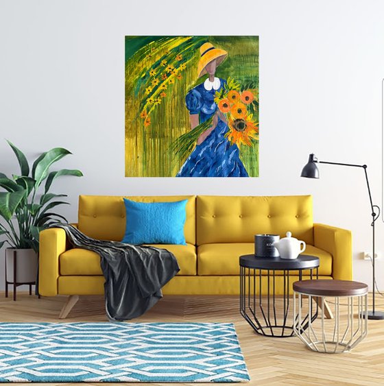 Woman with Sunflowers Painting