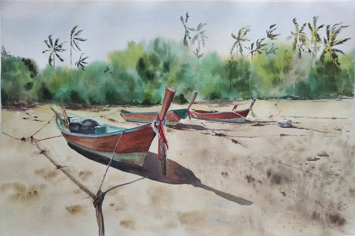 Impressionistic Landscape Watercolour By Ana Tyulpanova, 22 X 15, After Fishing, Original Artwork