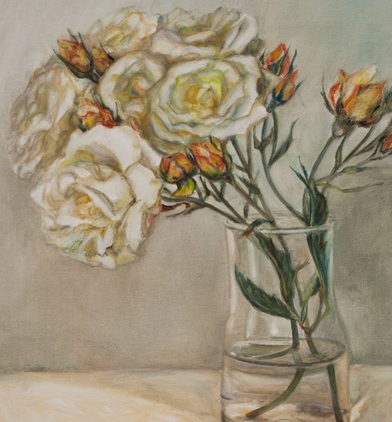 Garden Roses In A Glass Vase