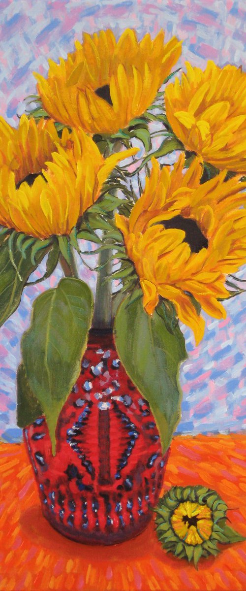 Four sunflowers in a vase by Richard Gibson