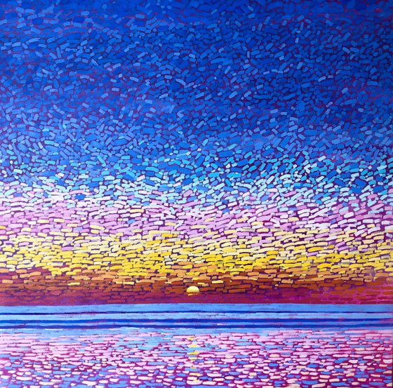 Large seascape painting, abstract sunset