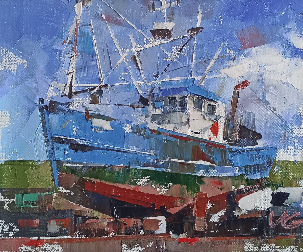 Impressionistic Landscape Oil Painting By Volodymyr Glukhomanyuk, 12 X 10", Series Fishing Boats #1, Original Artwork