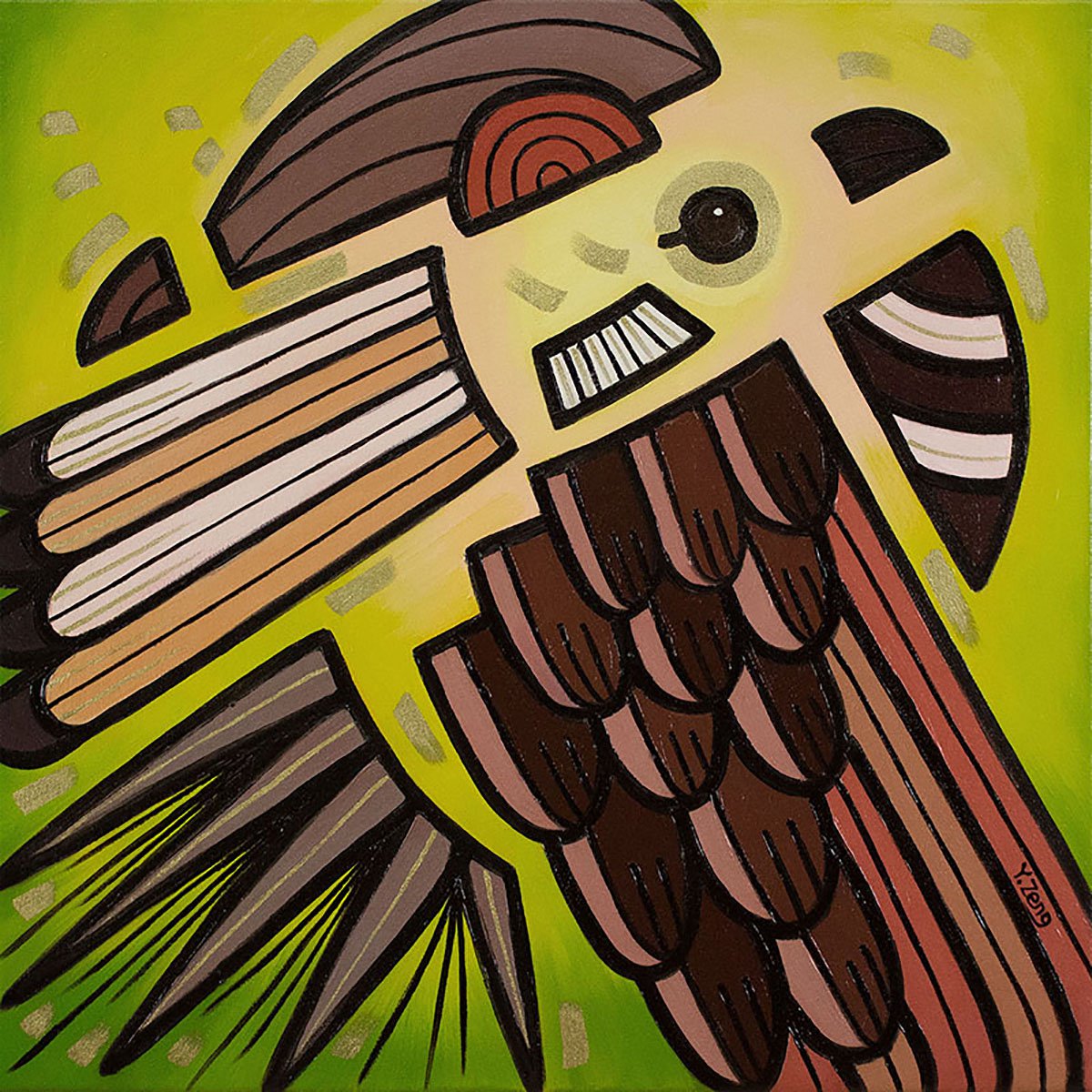 Organic Abstract Oil Painting By Yue Zeng, 20 X 20", Backyard Birds House Sparrow, Original Artwork