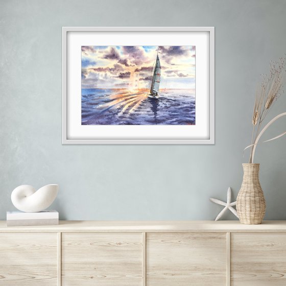 Yacht trip. Sunset at sea. Original artwork.