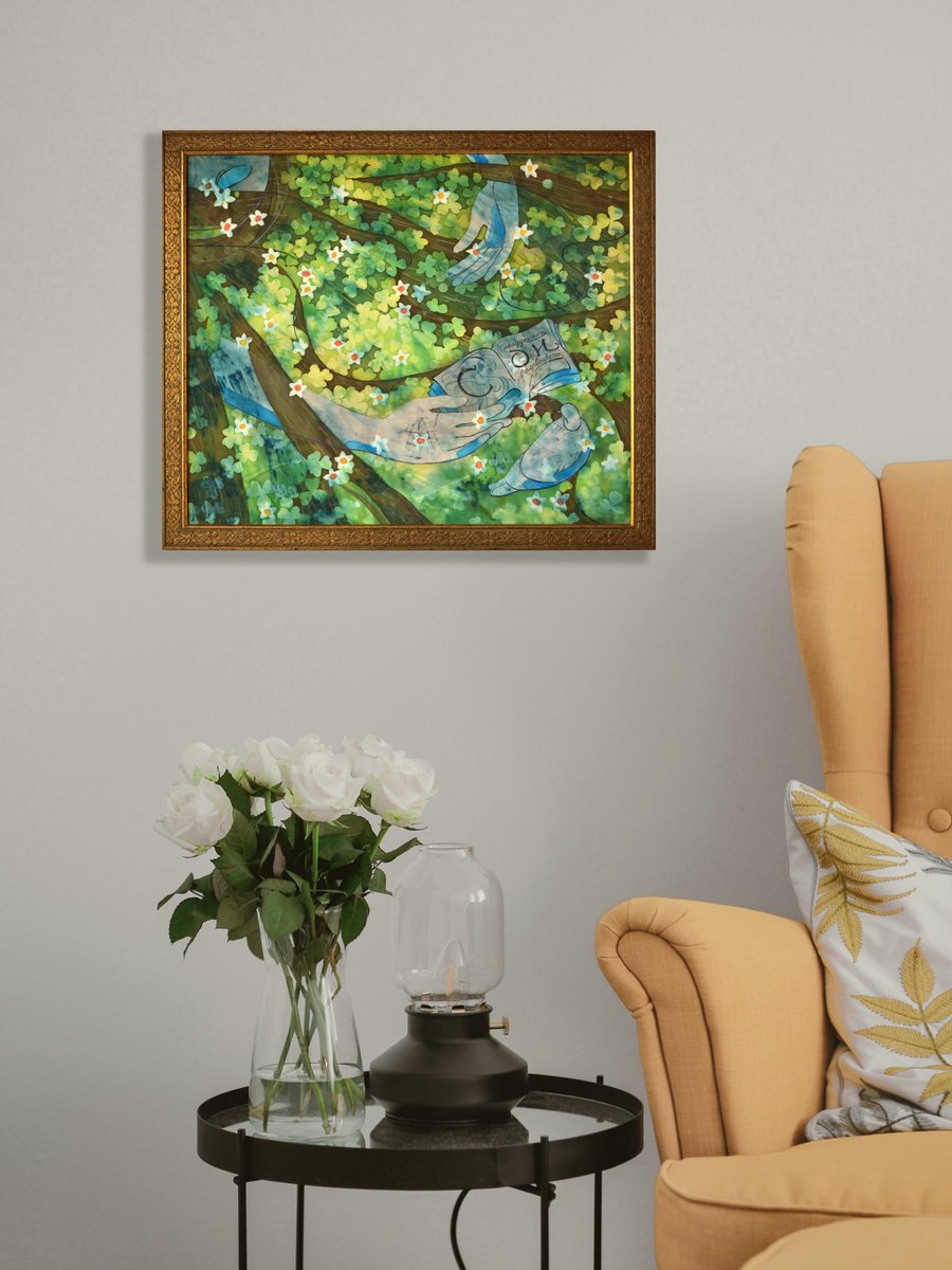 Expressive Botanical Acrylic Painting By Victoria Alferonok, 27 X 23", Midday Dream In Primroses, Original Artwork