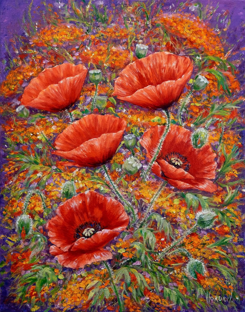 Impressionistic Botanical Oil Painting By Anastasia Woron, 11 X 14, Poppies With Yellow Flowers, Original Artwork
