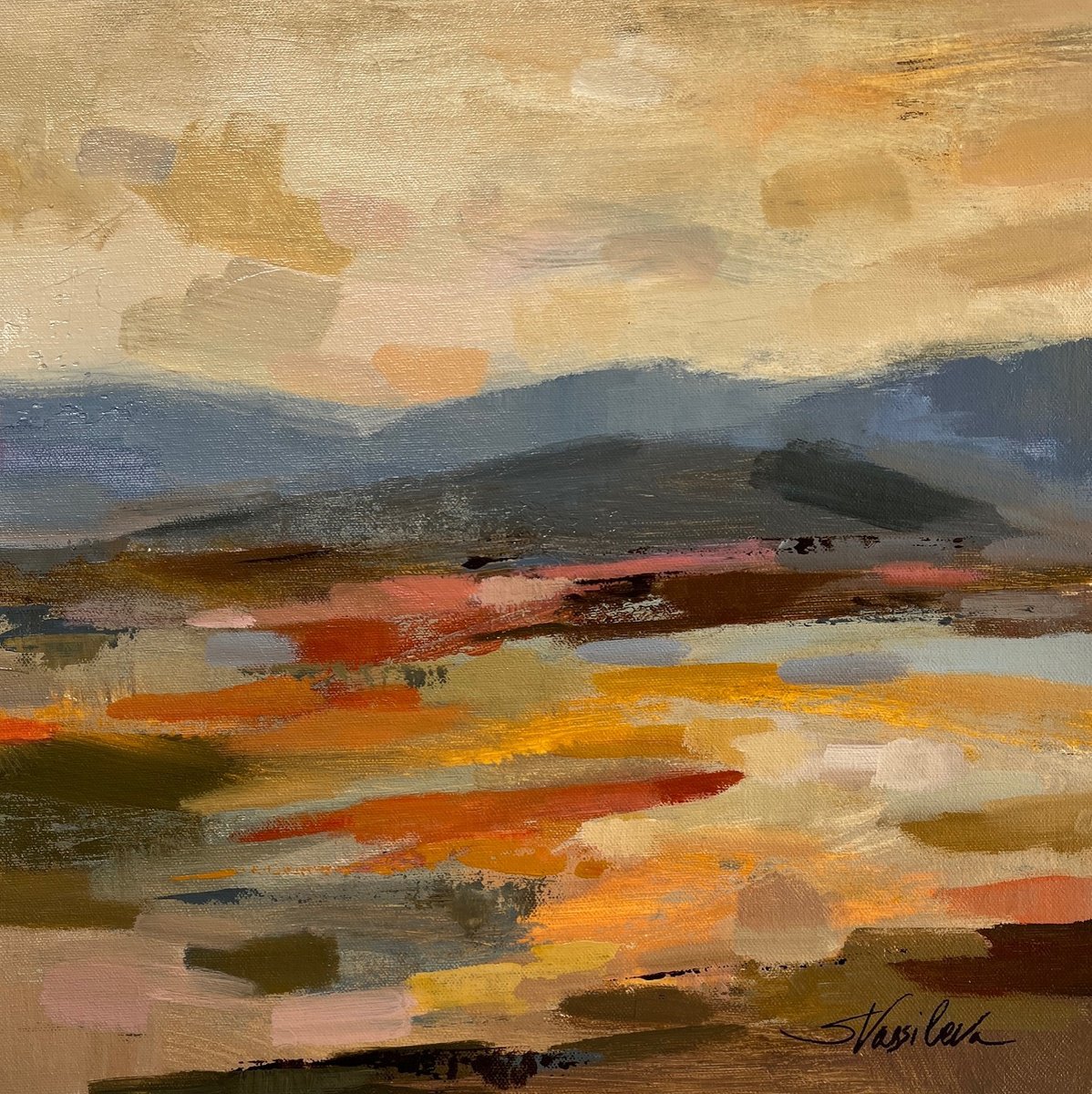 Impressionistic Landscape Acrylic Painting By Silvia Vassileva, 15 X 15", Distant Mountain Ii, Original Artwork