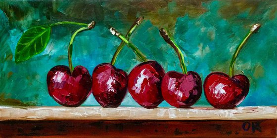 Cherries. Still life. Palette knife painting on linen canvas