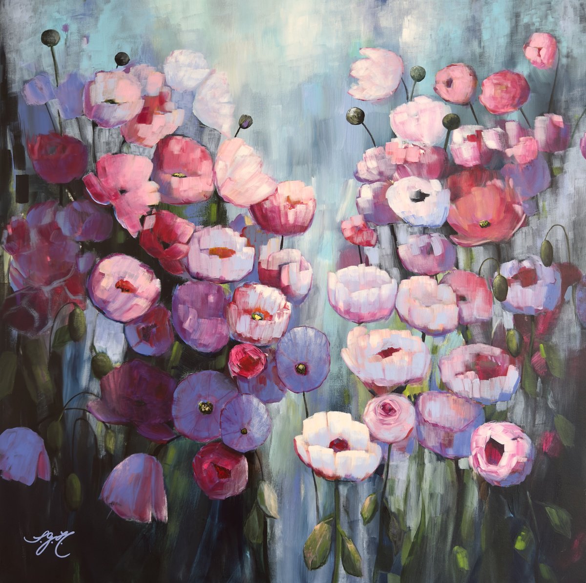 Impressionistic Botanical Acrylic Painting By Sandra Gebhardt-Hoepfner, 31 X 31", Poppies Land 10, Original Artwork