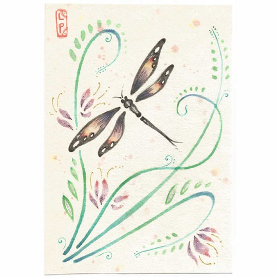 Dragonfly with pink lilies Chinese style brush painting