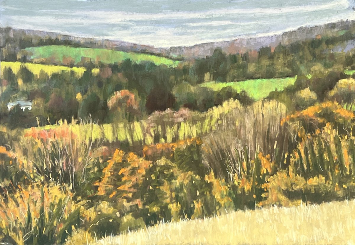 Impressionistic Landscape Pastel Drawing By Louise Gillard, 22 X 15", View From Box Hill, Original Artwork