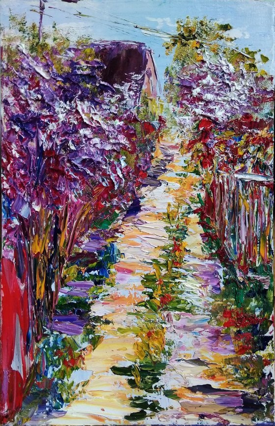 Street in Village with Flowering Lilac trees Plein Air Painting