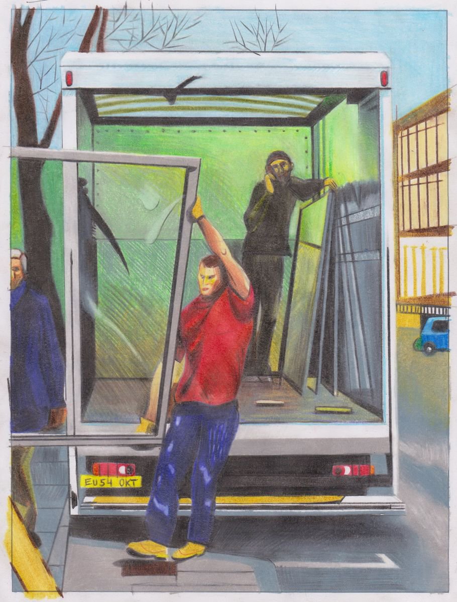 Graphic Cityscapes Pencil Drawing By Zoltan Till, 8 X 12", Delicate Operation, Original Artwork