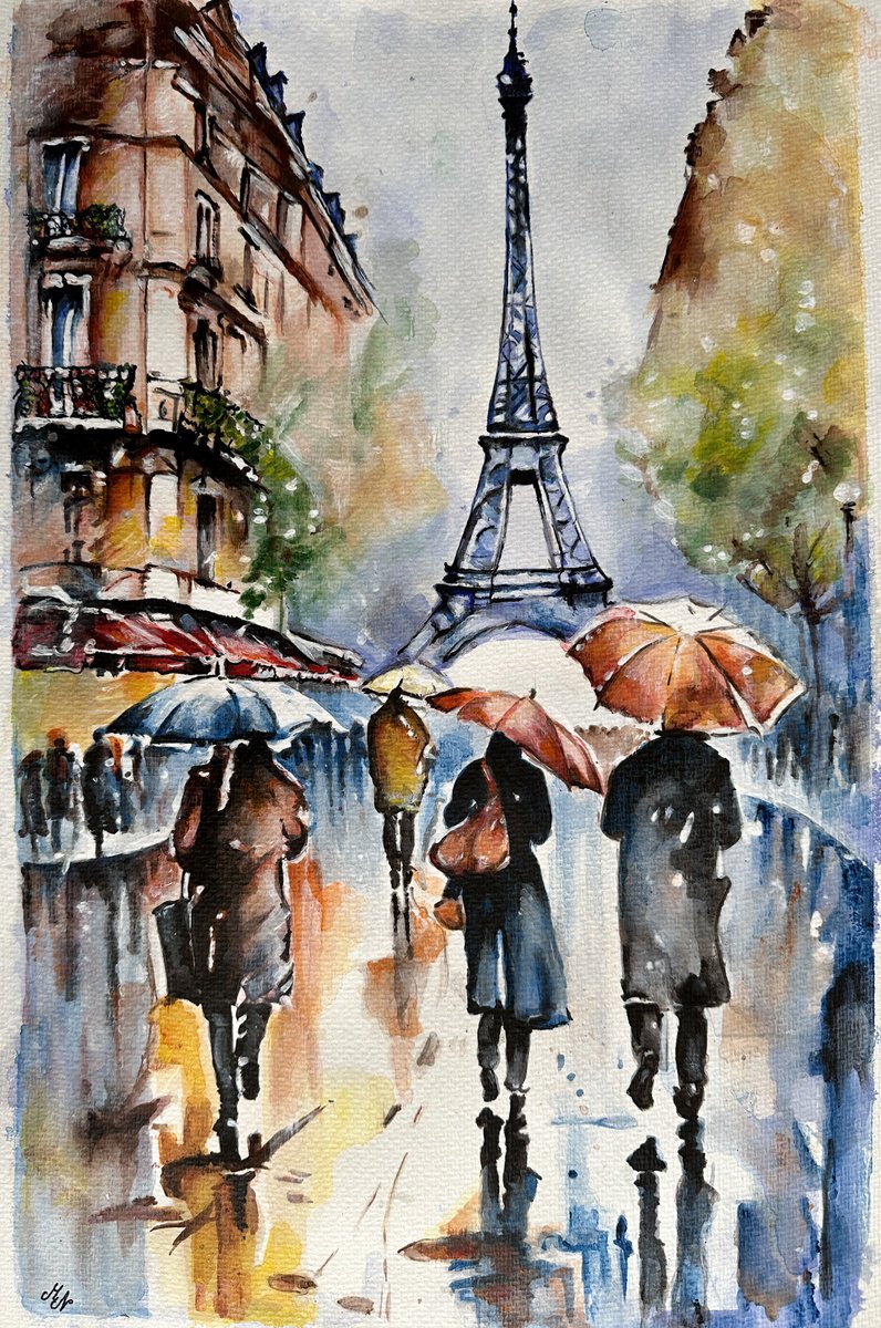 Impressionistic Cityscapes Watercolour By Misty Lady - M. Nierobisz, 13 X 19", Paris Beneath Eiffel Tower, Original Artwork