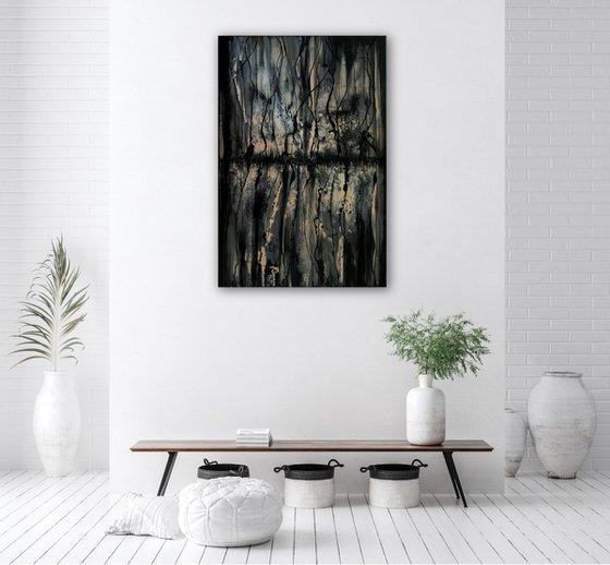 Urban Black and Gold Distressed Abstract large painting