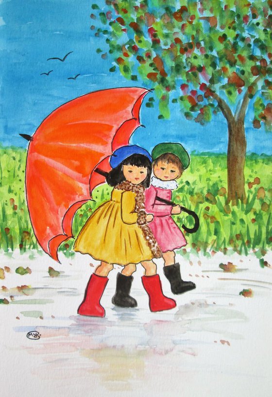 Little girls and an umbrella